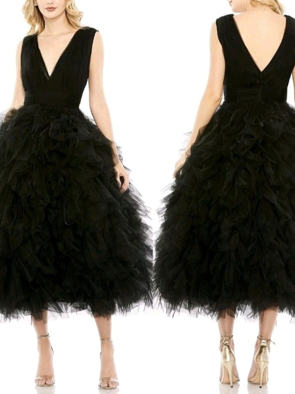 Mac Duggal Black V-Neck Tulle Ruffled Midi Dress